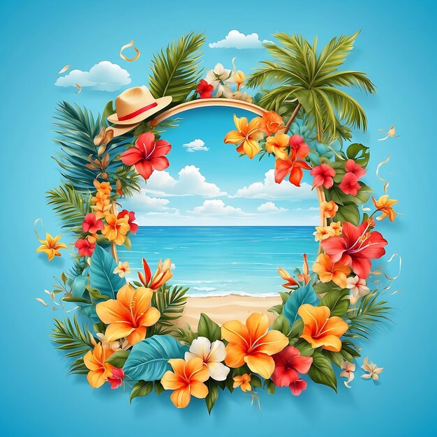 Foto fondo azul cielo con elementos de playa y flor tropical ilustración de vacaciones de verano