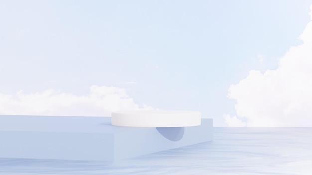 Fondo azul cielo con nubes suaves que crean una pantalla 3D minimalista para un cosmético de verano