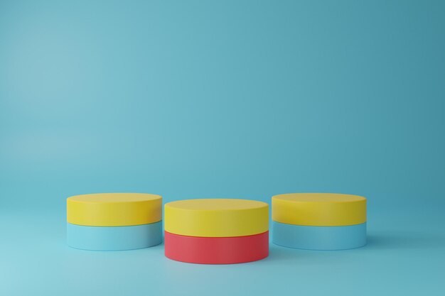 Fondo azul cielo de podio rojo amarillo con pedestal de círculo de formas geométricas en dos pisos Pared curva la plataforma para la presentación del producto espacio de copia de estilo mínimo Representación 3D