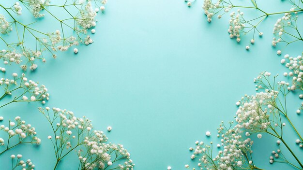 un fondo azul con un círculo de flores en el medio