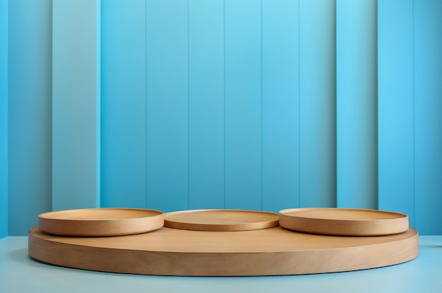El fondo azul claro brillante con un podio de madera En la parte superior del podio de madeira hay dos pequeños podio que añaden un toque mínimo a la exhibición del producto