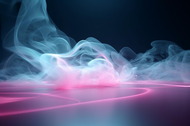 Fondo azul claro con humo blanco arrastrándose por el suelo con iluminación rosa AI Generative