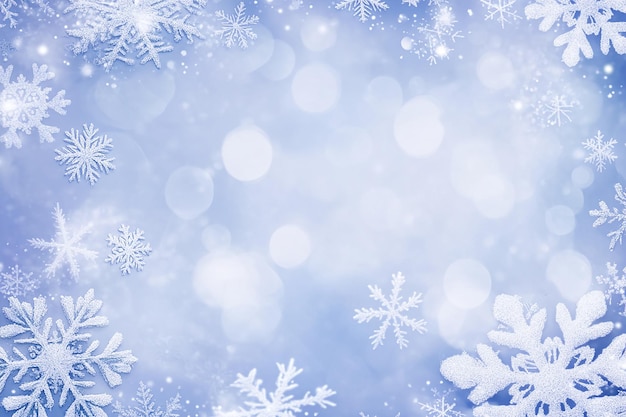 Un fondo azul con copos de nieve y espacio para agregar texto