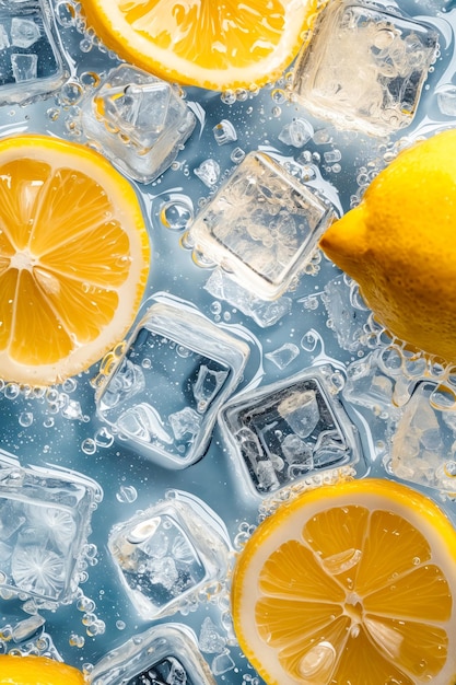 Foto un fondo azul con cubos de hielo y un limón en la parte superior