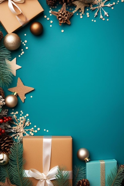 un fondo azul con decoraciones y regalos de Navidad