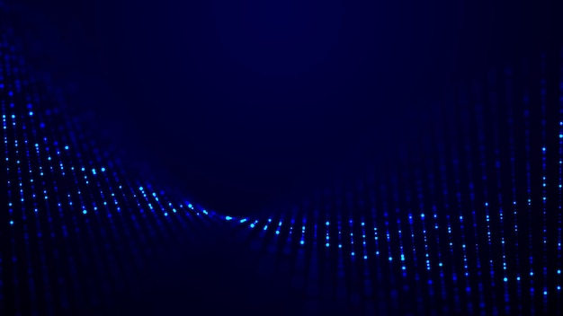 Fondo azul digital con partículas brillantes en movimiento Ola en movimiento futurista Visualización de datos grandes Representación 3d