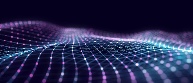 Fondo azul digital con partículas brillantes en movimiento Ola en movimiento futurista Visualización de datos grandes Representación 3d