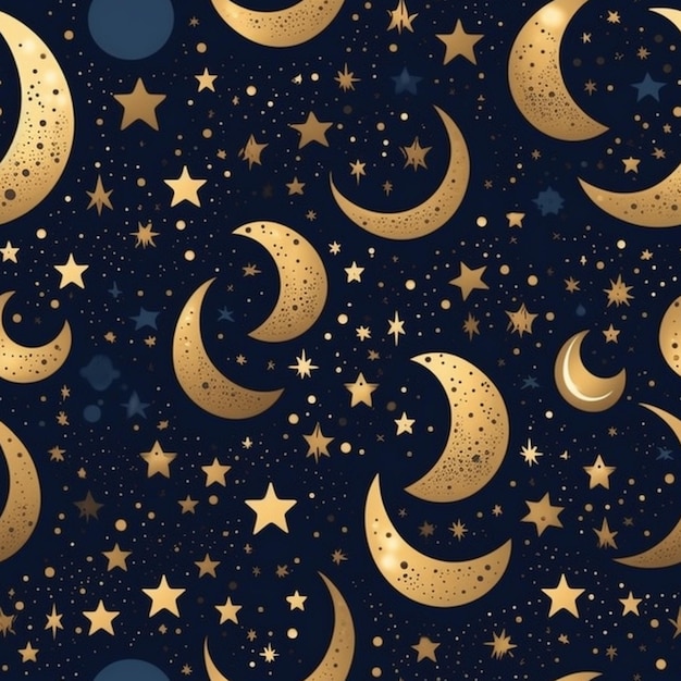 un fondo azul y dorado con estrellas y medias lunas generativo ai