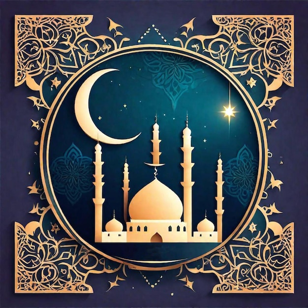 un fondo azul y dorado con una mezquita y una luna