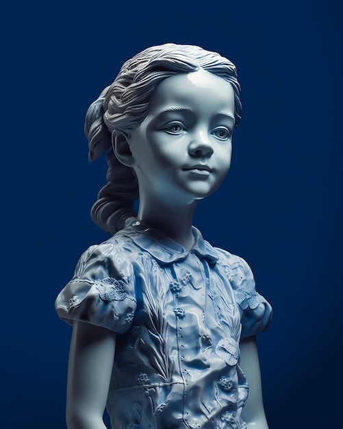 Un fondo azul con una estatua de una niña con un vestido.