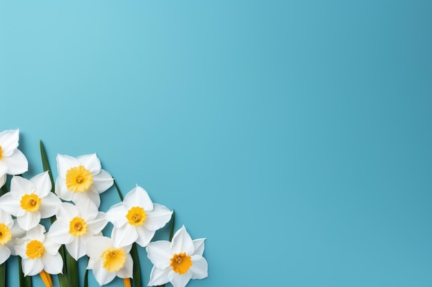 Un fondo azul con flores blancas y amarillas.