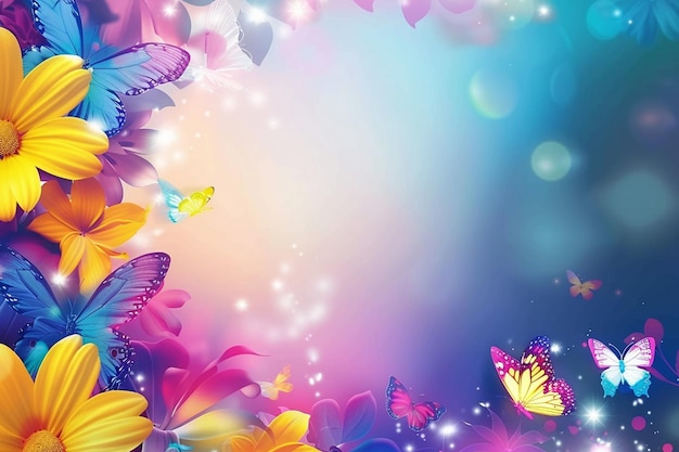 fondo azul con flores coloridas y mariposas Generado por ai