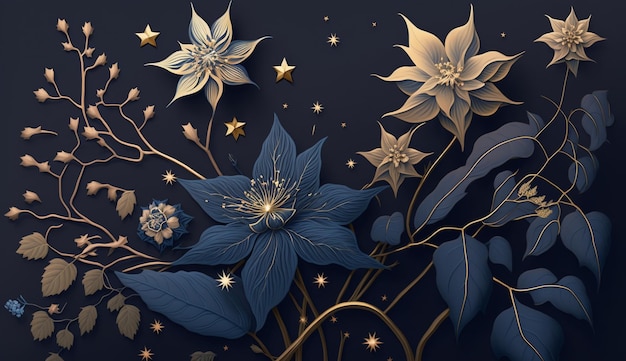 Un fondo azul con flores y estrellas.