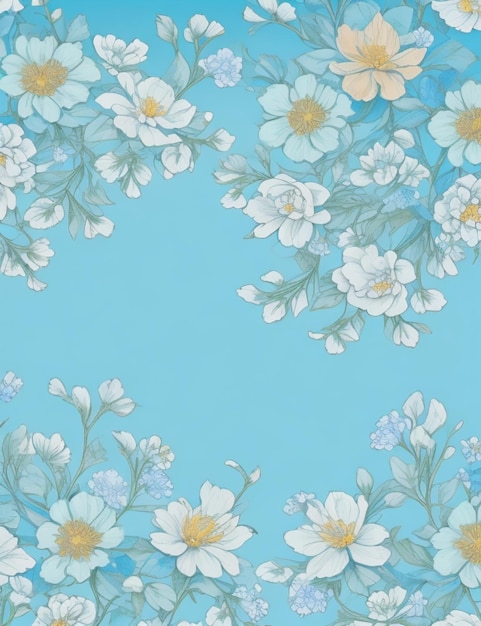 Fondo azul con flores y hojas blancas