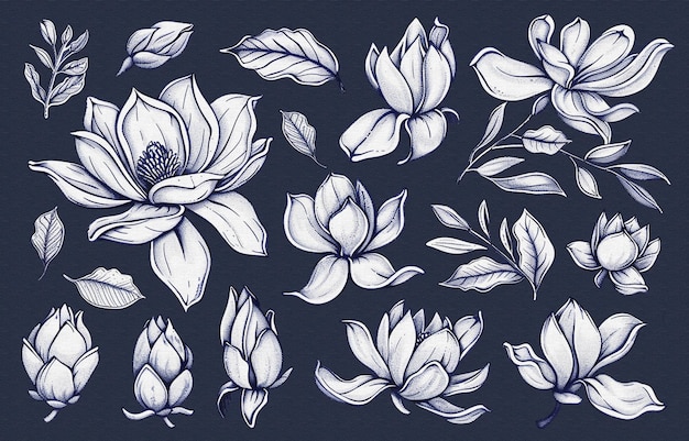 un fondo azul con flores y hojas blancas