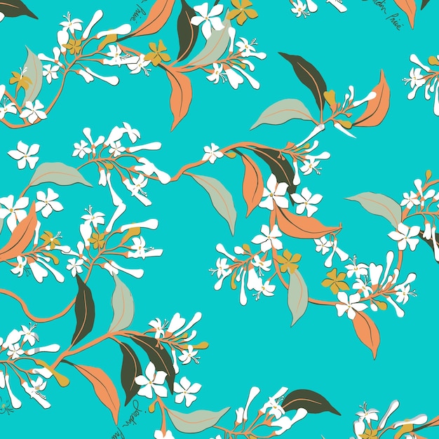 un fondo azul con flores y hojas naranjas y blancas