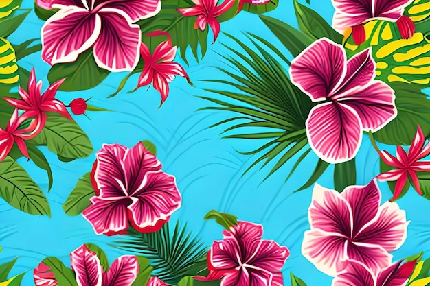 Un fondo azul con flores y hojas tropicales.