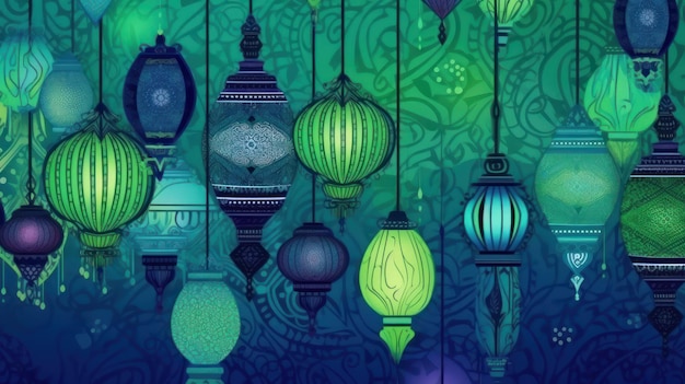 Un fondo azul con un fondo verde con una lámpara que dice 'ramadan'.