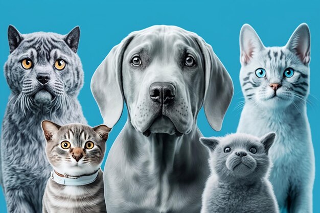 En un fondo azul fresco hay divertidos gatos grises y perros de aspecto alegre AI