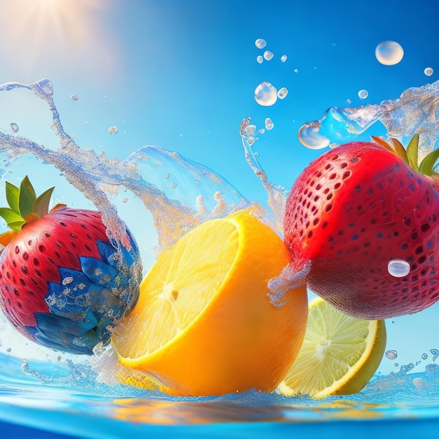 Un fondo azul con frutas y agua salpicando el aire.
