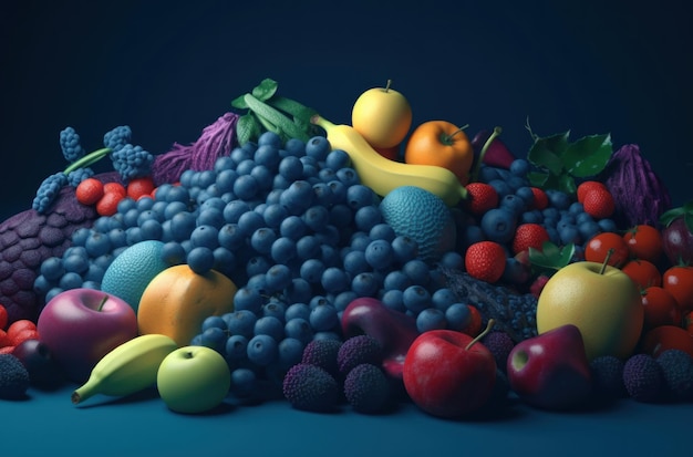 Un fondo azul con frutas y verduras.