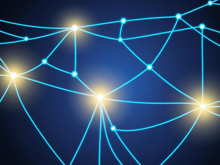 Foto fondo azul futurista con líneas curvas y nodos brillantes en una red abstracta