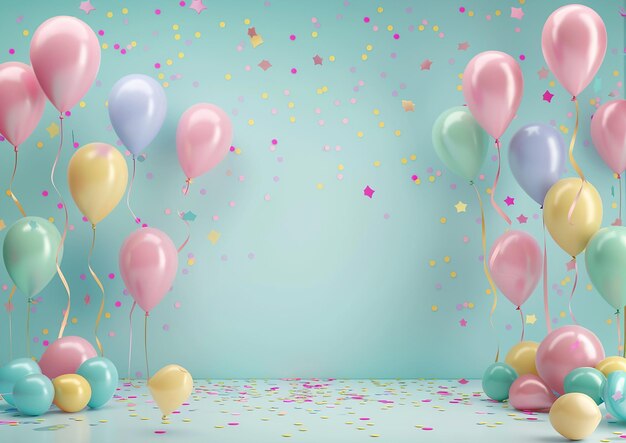 un fondo azul con globos y confeti y confeti