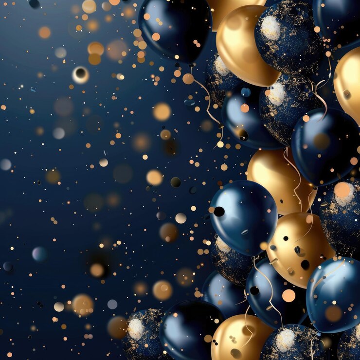 un fondo azul con globos dorados y azules y un fondo azul