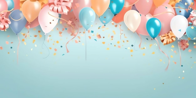 Un fondo azul con globos y un lazo que dice "cumpleaños"