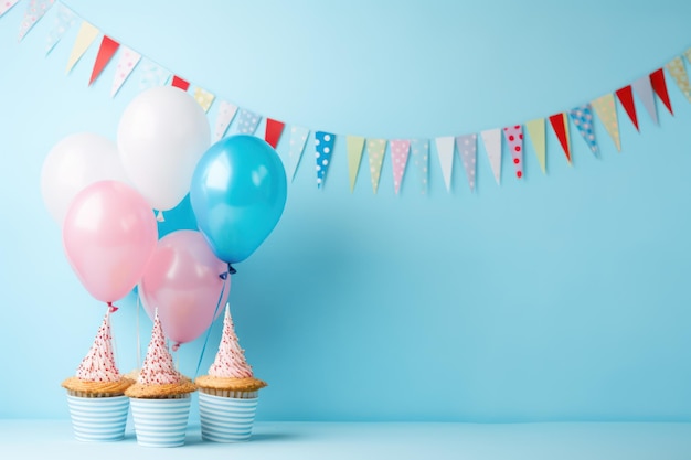 Fondo azul con gorras de fiesta, pajitas de papel, dulces y globos.