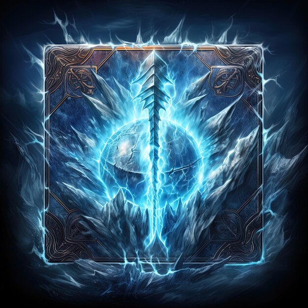 Foto un fondo azul con una gran espada y un símbolo de un dragón