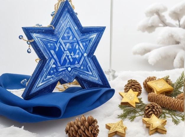 Fondo azul de Hanukkah con una cadena de luces dreidels y estrellas judías Decoración festiva para fiestas Ilustración vectorial borrosa moderna para el Festival judío de la luz