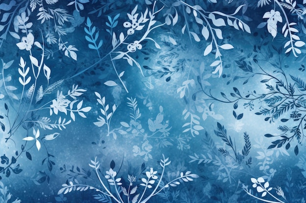 Un fondo azul con hojas y ramas blancas IA generativa
