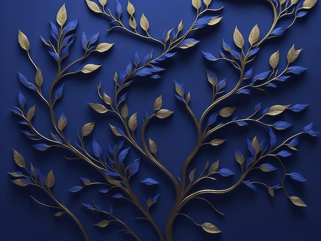 Un fondo azul con hojas y ramas doradas.