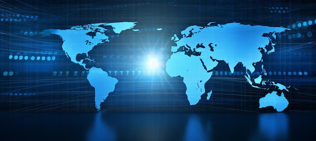 Fondo azul del holograma del mapa del mundo digital
