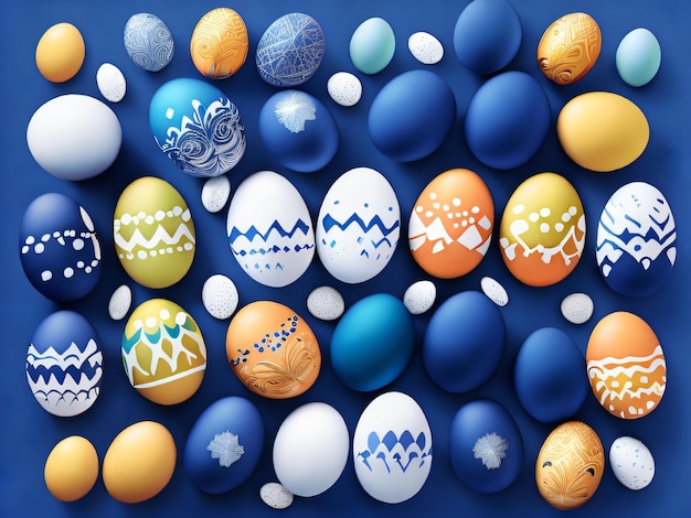 Un fondo azul con huevos y un fondo azul que dice "pascua".