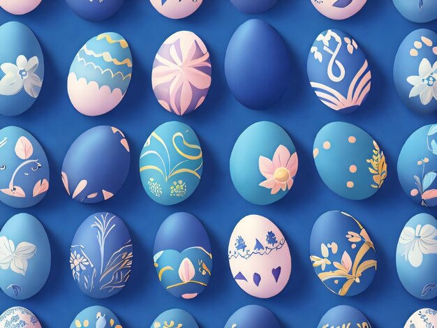 Un fondo azul con huevos de pascua y un conejito en la parte inferior.