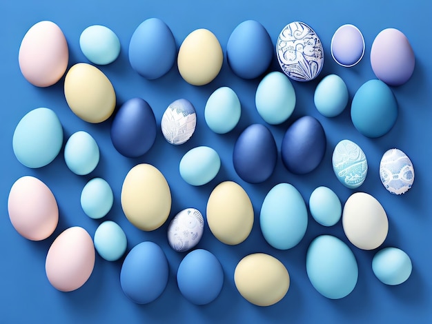 Un fondo azul con huevos de Pascua pintados de blanco.