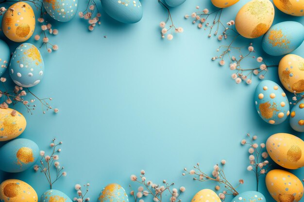 Foto un fondo azul con huevos de pascua en él