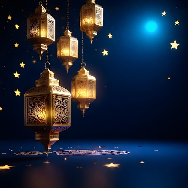 Fondo azul con lanternas islámicas de confeti cayendo en dorado y blanco para el Ramadán