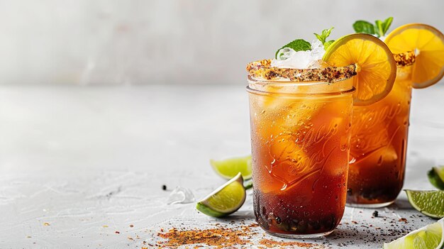 Un fondo azul limpio con una guarnición picante en un vaso michelada mason con espacio IA generativa