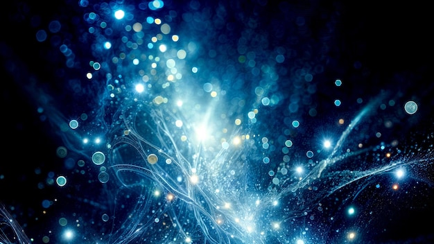 Un fondo azul mágico con puntos brillantes y luces borrosas
