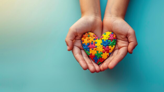 En el fondo azul, manos de adultos y niños sostienen corazones de rompecabezas en apoyo del Día Mundial de Concienciación sobre el Autismo.