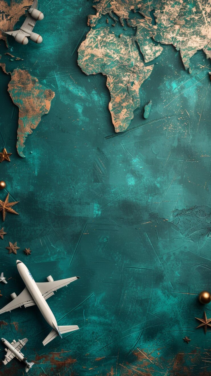 Un fondo azul con un mapa del mundo y un avión en él