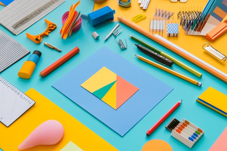 Foto fondo azul materiales escolares de colores cuaderno en blanco
