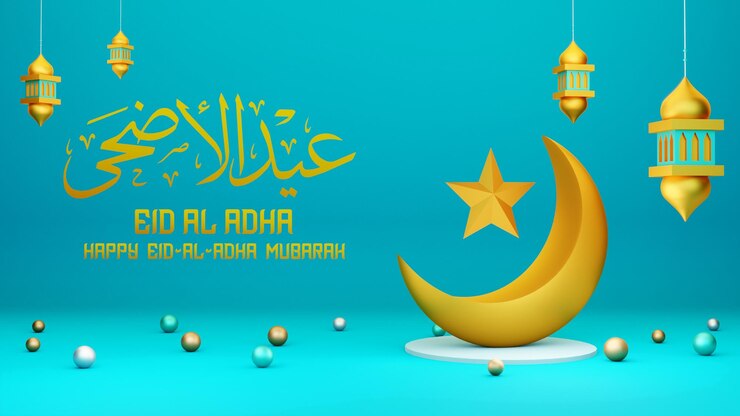 Un fondo azul con una media luna y una estrella y las palabras ramadan al adha en él