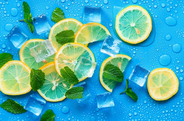 Foto fondo azul con menta limón y cubitos de hielo enfoque selectivo