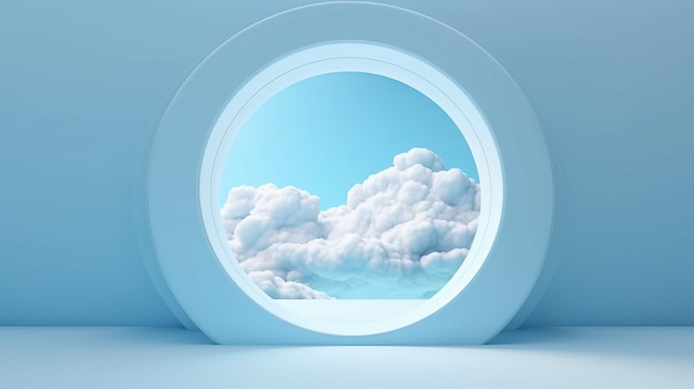 Fondo azul minimalista con túnel y nubes blancas IA generativa