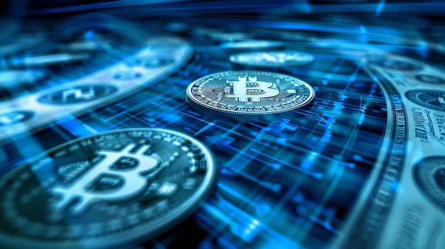 Un fondo azul con un montón de monedas y una moneda de Bitcoin en el medio Las monedas son todas diferentes