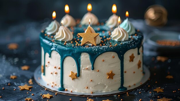 Fondo azul oscuro con pastel de goteo blanco teal ganache estrellas y velas divertidas